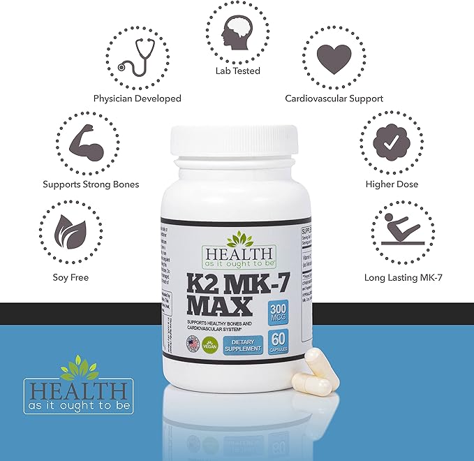 Health As It Ought To Be Vitamin K2 MK-7 Max 300 mcg Supplement – Extra Strength Soy-Free Formula for Bone and Cardiovascular Health Support – 60 Capsules