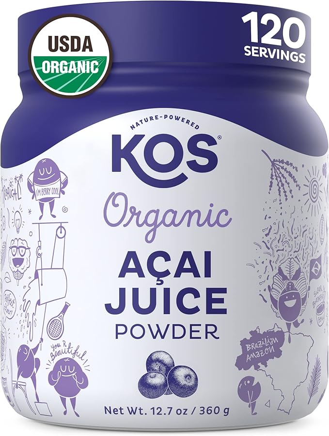 KOS Organic Acai Juice Powder - USDA Certified Organic Plant Based Superfood Antioxidants Superberry from Brazil Great for Smoothies and Bowls 0g Sugar Vegan Gluten-Free Non-GMO - 120 Servings