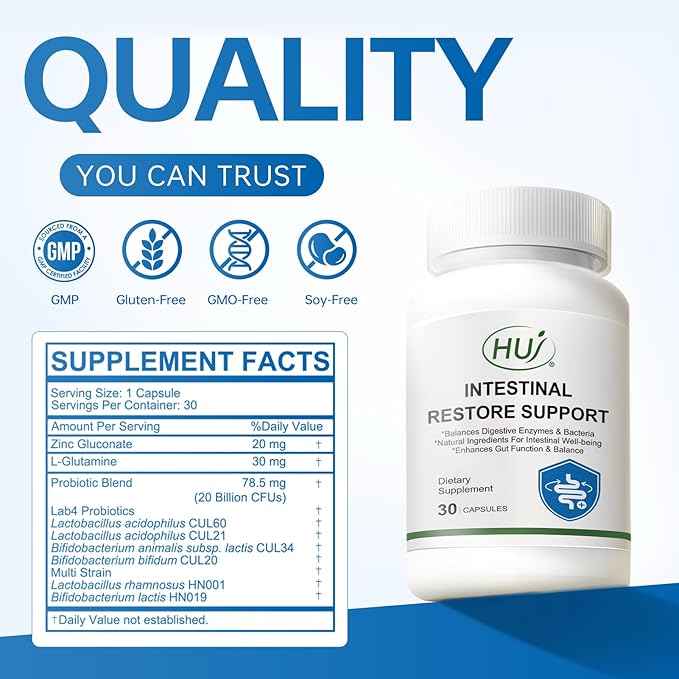 HUJ Intestinal Restore Support 30 Capsules Balances Digestive Enzymes &amp Bacteria