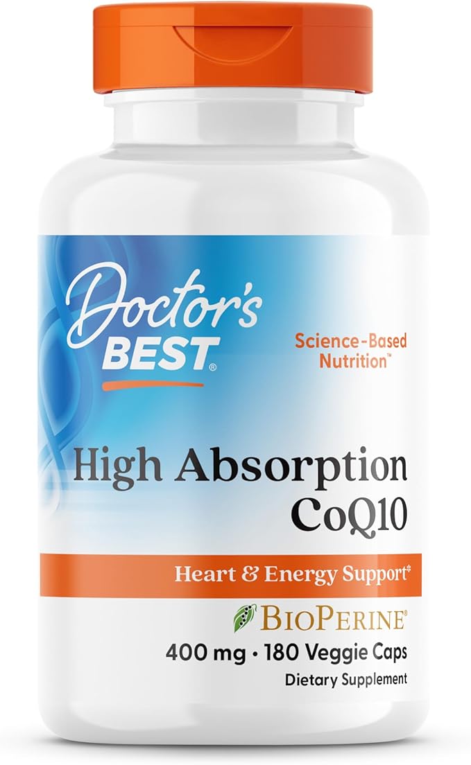 Doctor's Best High Absorption CoQ10 400mg with BioPerine Supplement - Coenzyme Q10 Caps for Heart Health &amp Antioxidant Support CoQ10 400 mg for Women &amp Men Non GMO - 180 Veg Capsules