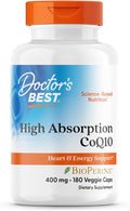 Doctor's Best High Absorption CoQ10 400mg with BioPerine Supplement - Coenzyme Q10 Caps for Heart Health &amp Antioxidant Support CoQ10 400 mg for Women &amp Men Non GMO - 180 Veg Capsules