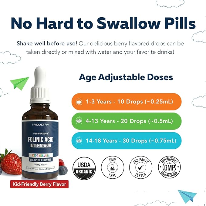 Organic FolinicActive Kids - Folinic Acid + B12 B6 &amp B2 Cofactors - Gentle Methylation Support for Mood Energy &amp Cognition Age Adjustable Dosing for Kids 1-18 Non GMO Vegan Berry Flavor