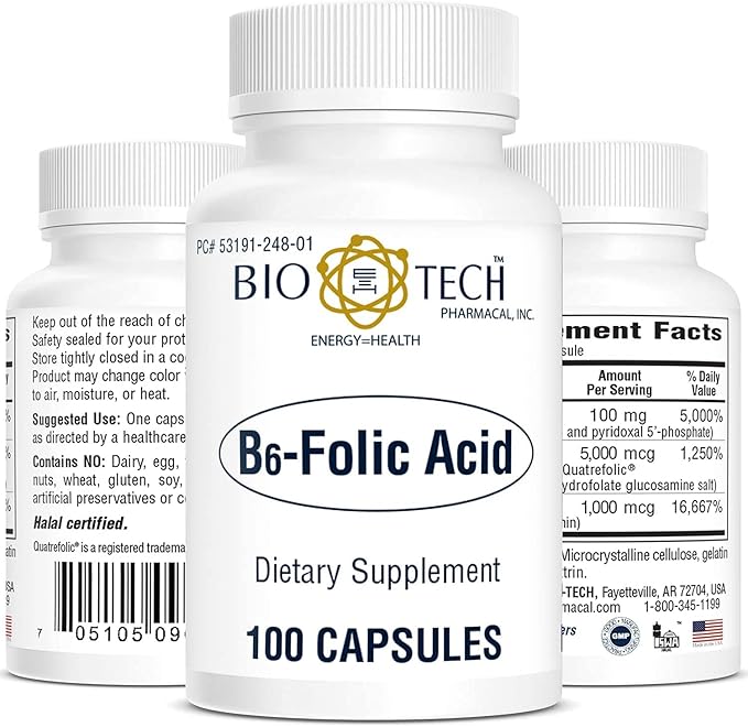 Bio-Tech Pharmacal B6-Folic Acid 100 Capsules – All-Natural Supplement – Supports Cardiovascular Bone &amp Nervous System Health – No Dairy Fish Gluten Peanut Shellfish Halal &amp Soy – No