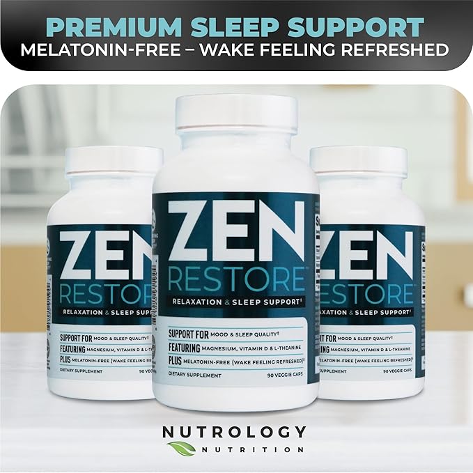 Nutrology Zen Restore – 400mg Magnesium Malate Vitamin D3 &amp L-Theanine Supports Sleep Muscle Recovery &amp Adrenal Wellness Magnesium Supplement for Men and Women 30 Servings