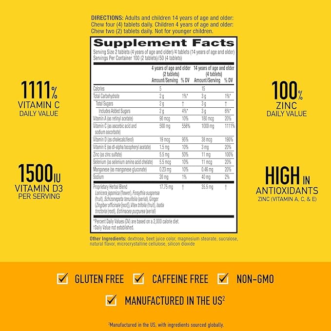 Airborne 1000mg Vitamin C + Zinc Immune Support Supplement Chewable Tablets Powerful Antioxidants Vitamins A C &amp E 116 Chewable Tablets Very Berry Flavor (2 Pack)