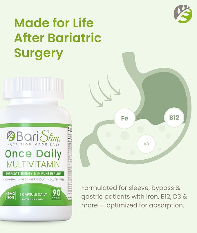 BariSlim Once Daily Bariatric Multivitamin Capsule - 45mg of Iron - Bariatric Vitamin &amp Supplement for Post Bariatric Surgery Including Gastric Bypass &amp Gastric Sleeve | 90 Day Supply
