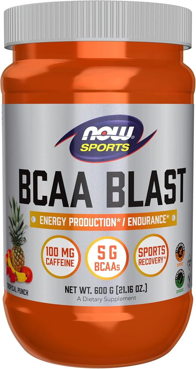 NOW Foods Sports Nutrition BCAA Blast Powder 5 g BCAA 100 mg Caffeine Tropical Punch 600-Grams
