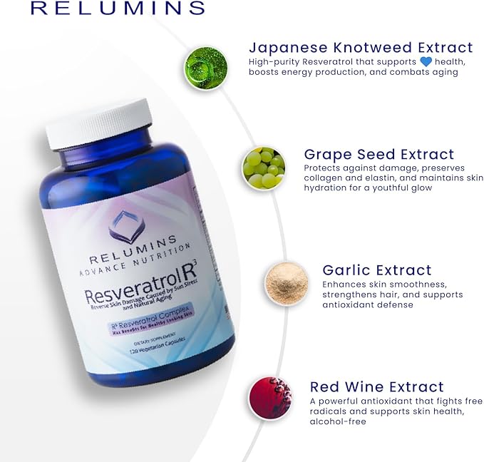 Relumins Resveratrol 600mg Supplement – High-Potency Antioxidant with Grape Seed &amp Red Wine Extract – Supports Skin Heart Health &amp Immune System – 120 Vegan Capsules x 3 Bottles