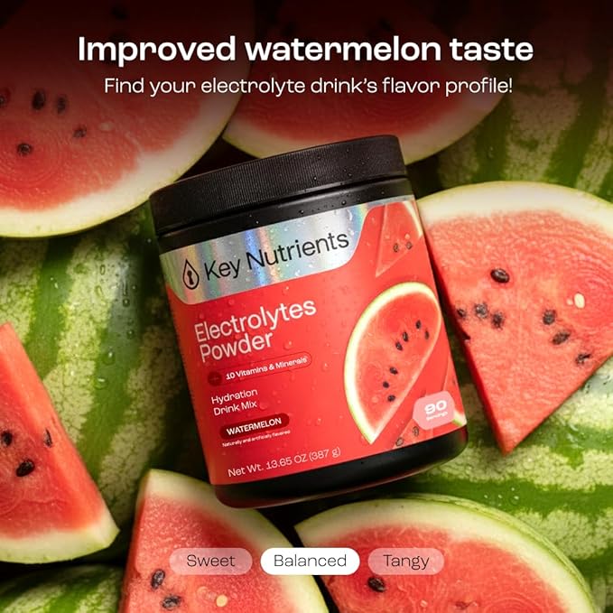 KEY NUTRIENTS Multivitamin Electrolytes Powder No Sugar for Recovery - Refreshing Watermelon Electrolyte Powder - Hydration Powder - No Calories Gluten Free Electrolytes Powder - 90 Servings