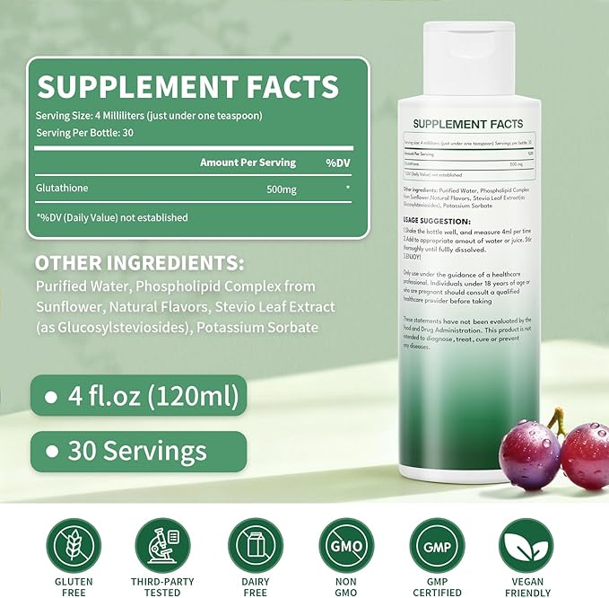 Liposomal Glutathione High Absorption Liquid Glutathione Supplement Support Natural Detoxification Antioxidant Improve Skin Health Enhance Immunity 4 Fl Oz