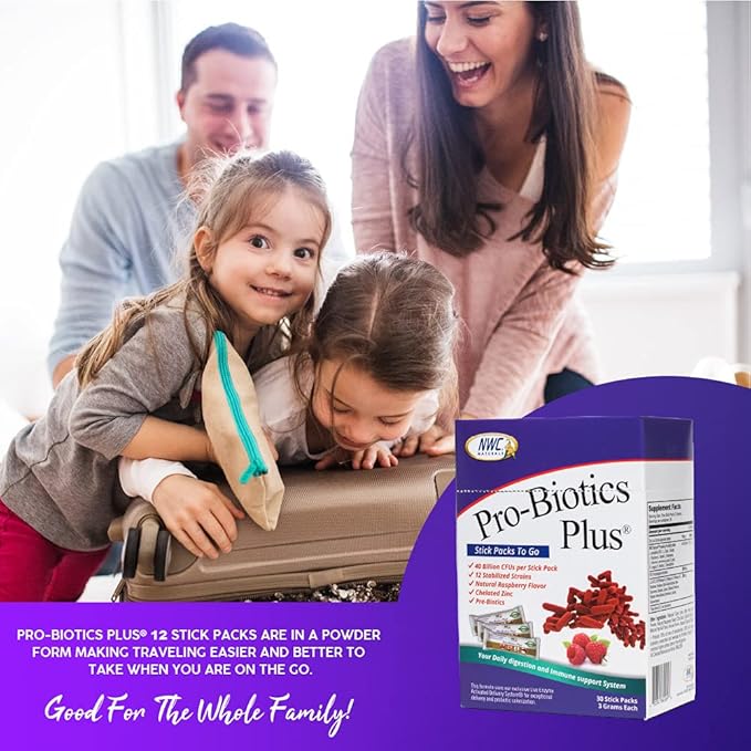 NWC Naturals Pro-Biotics Plus Stick Pack of 30 On the Go Pro-Biotic Powder Packets for Men Women &amp Kids - Immune System Support Natural Probiotic and Prebiotics Supplement