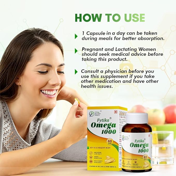 Omega 3 Fish Oil 1000mg 60 Capsules for Heart Eye Skin Brain Joint &amp Muscle Support | Omega 3 1000mg Fatty Acid Capsule enriched with EPA 360mg+DHA 240mg &amp Omega Fatty Acids 400mg