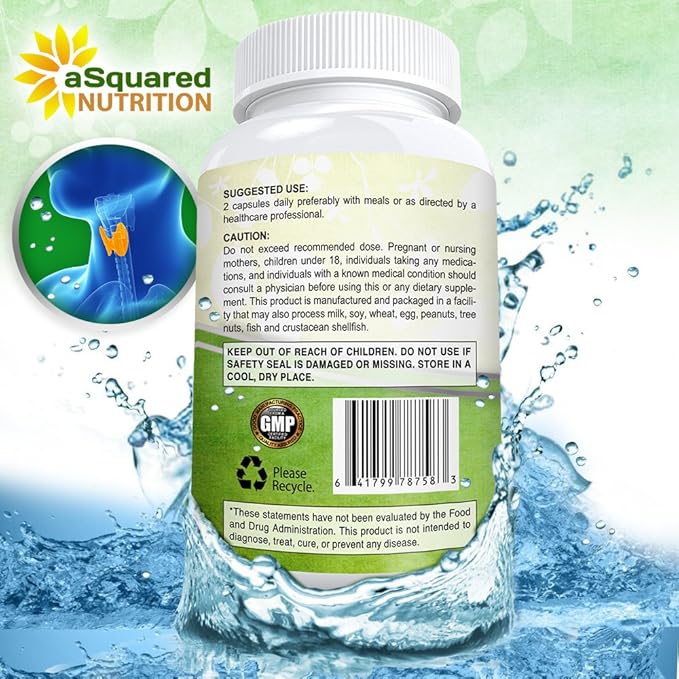 aSquared Nutrition Premium Thyroid Support Supplement with Iodine (180 Capsules) - Best Herbal &amp Vitamin Complex Pills w/ B12 Ashwagandha Bladderwrack &amp Kelp - Helper for Healthy Hormone &am