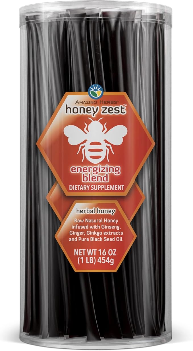 Amazing Herbs Raw Natural Honey - Herbal Honey Infused with Ginseng Ginger Ginkgo Extracts &amp Pure Black Seed Oil Non GMO Gluten Free Immune Booster - Honeyzest Energizing Straws 100 Count