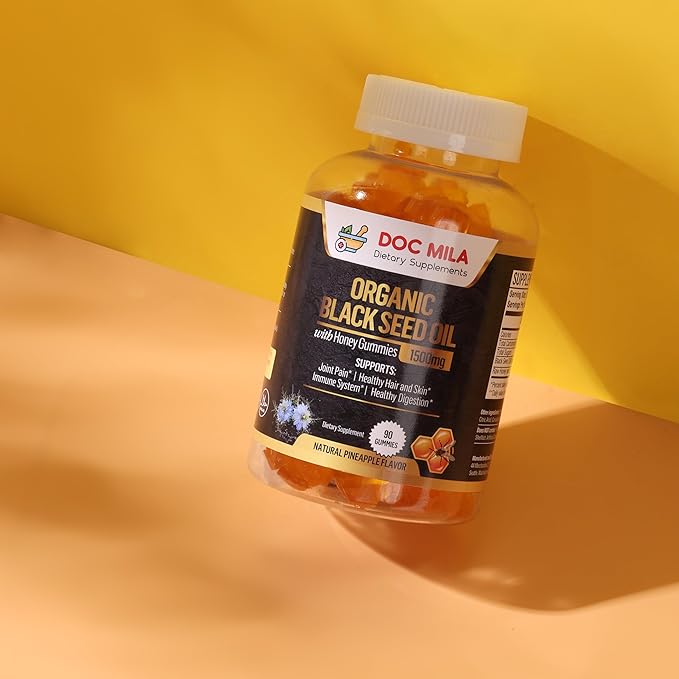 Organic Black Seed Oil Gummies 1500mg - Black Seed Oil Softgels Capsules with Honey Pineapple Flavor - Gluten Free Soy Free &amp Non-GMO