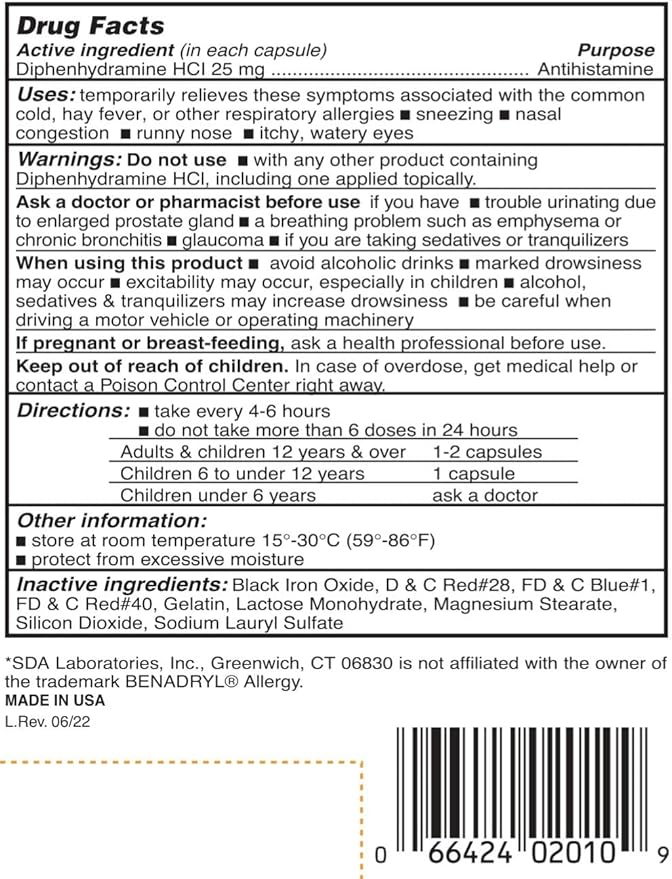 SDA LABORATORIES Diphenhydramine HCI Antihistamine 25 mg Capsules for Multi-Symptom Allergy Relief Sleep Support and Cold Symptoms 1000 Count (1 Bottle)