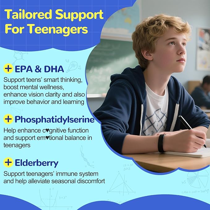 Omega-3 1000MG Gummies for Teen: Vegan Alternative to Fish Oil Omega 3 Supplements with Algae Omega 3 EPA DHA Vitamin D3 C Magnesium Elderberry - Teen Vitamins Omega3 Supplement(120Count)
