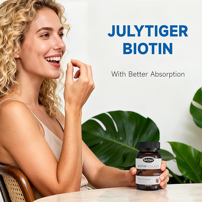 julytiger Biotin 10000mcg with Collagen Supplement Biotin (Vitamin B7) for Healthy Skin and Nailsbiotin Collagen peptide for Women and Men - Vegan Non-GMO Gluten &amp Soy-Free - 60 Tablets