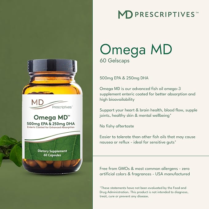 MD Prescriptives Omega MD Supplement - 500 EPA &amp 250 DHA Omega 3 Fish Oil - Supports Brain Health &amp Joints* - No Fishy Smell - 60 Softgels