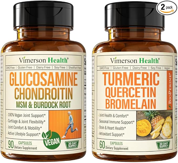 Vimerson Health Vegan Glucosamine Chondroitin MSM &amp Turmeric Quercetin with Bromelain – Joint Mobility and Immune Support Bundle for Clean Plant-Based Wellness
