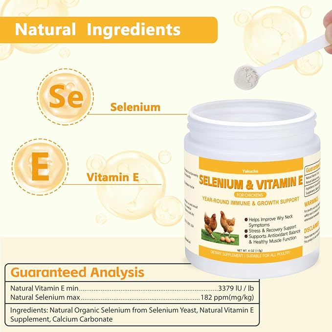 Selenium &amp Vitamin E Powder for Chickens | Poultry Nutrient Support Blend for Muscle Activity &amp Daily Balance | Feed Mix Additive for Chickens &amp All Poultry | 113g