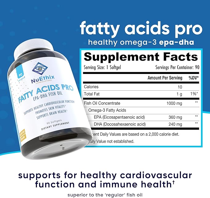 NuEthix Formulations Fatty Acids Pro EPA-DHA Fish Oil Dietary Supplement Super Concentrated and Purified Fish Oil Blend for Optimal Wellness 90 Gel Capsules