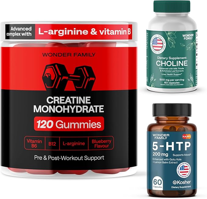 Muscle Gain Bundle - 5-HTP Supplement for Energy Creatine Monohydrate Gummies 5g for Growth Choline Bitartrate for Liver - 120 Creatine Chewables 60 5HTP 200MG Capsules 60 Choline Capsules 500MG