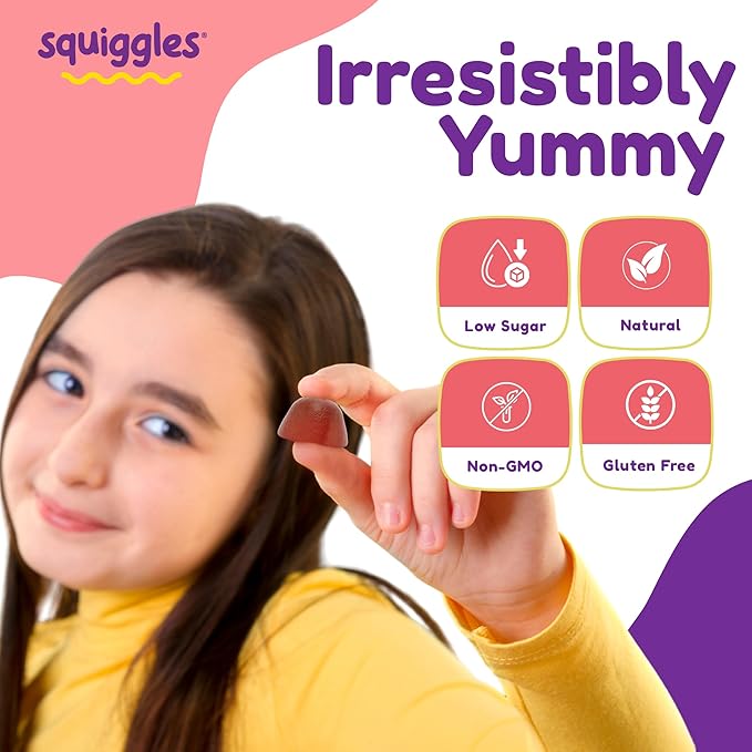Squiggles Kids Daily Iron+ Gummies - Chewable Supplement with Iron Multivitamin for Children Low Sugar Vegan Toddler Gummies Yummy Grape Flavor (100 Count)