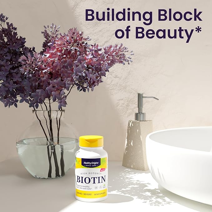 Healthy Origins Biotin 5000 mcg (5 mg) 360 Veggie Capsules - High Potency USP Grade Vitamin B7 Supplement - Supports Healthy Hair Growth Strong Nails &amp Glowing Skin - Non-GMO Vegan &amp Glute