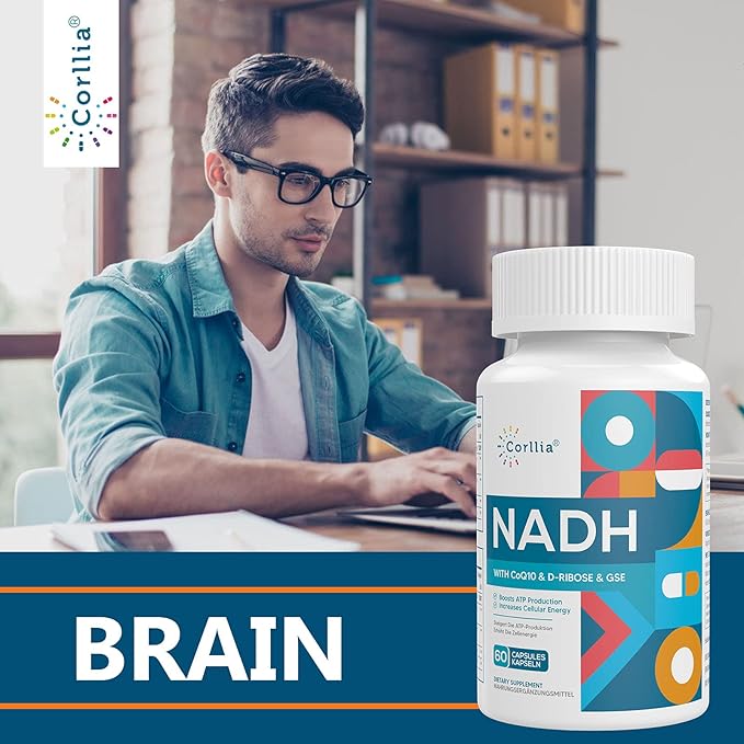 Corlia NADH 50mg + CoQ10 200mg + D-Ribose 150mg Supplement Enhance NAD+ Supplement for Energy Fatigue Reduced Nicotinamide Adenine Dinucleotide 360 Veggie Capsules