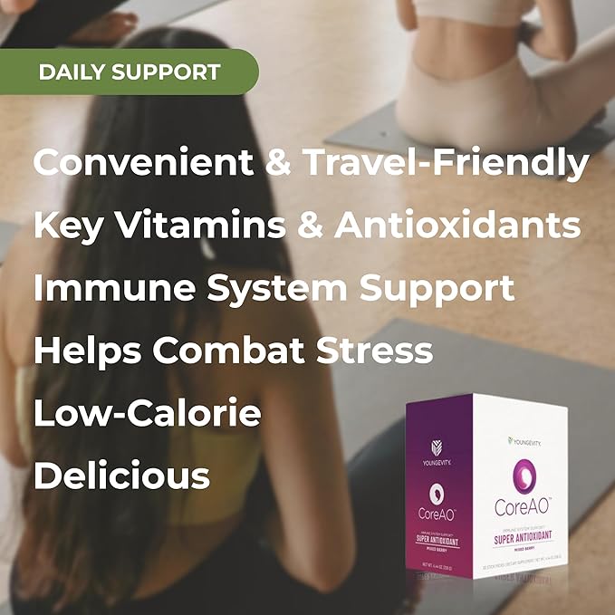 Youngevity Official CoreAO Stiks – Antioxidant Superfood Supplement - Vitamin C D3 and Zinc - Immune Support Berry Flavor On-the-Go Stick Packs Non-GMO Gluten-Free and Low-Calorie – 30 Servings