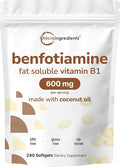 Vitamin B1 Benfotiamine 600mg Per Serving 240 Coconut Oil Softgels | Bioavailable B Vitamins Supplement Converted to Active Thiamine | Non-GMO Soy Free
