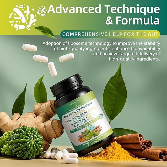 GREENPEOPLE Akkermansia Probiotics 15B CFU for Gut Function 120CT Probiotics Supplement with Ceylon Cinnamon Turmeric | Digestive Health &amp Metabolic Support | Women &amp Man | Vegan &amp Glute