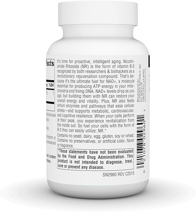 Source Naturals NR Nicotinamide Riboside Vegan Dietary Supplement for Mitochondria Healthy Aging Cells &amp Energy* Premier Fuel for NAD+ Levels 300 mg - 60 Vegan Capsules