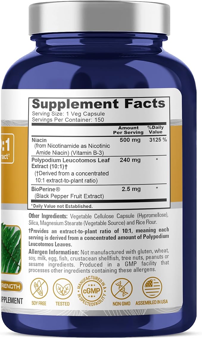 NusaPure Polypodium Nicotinamide Capsules 240 mg 150 Veg Capsules (Non-GMO Soy Free)