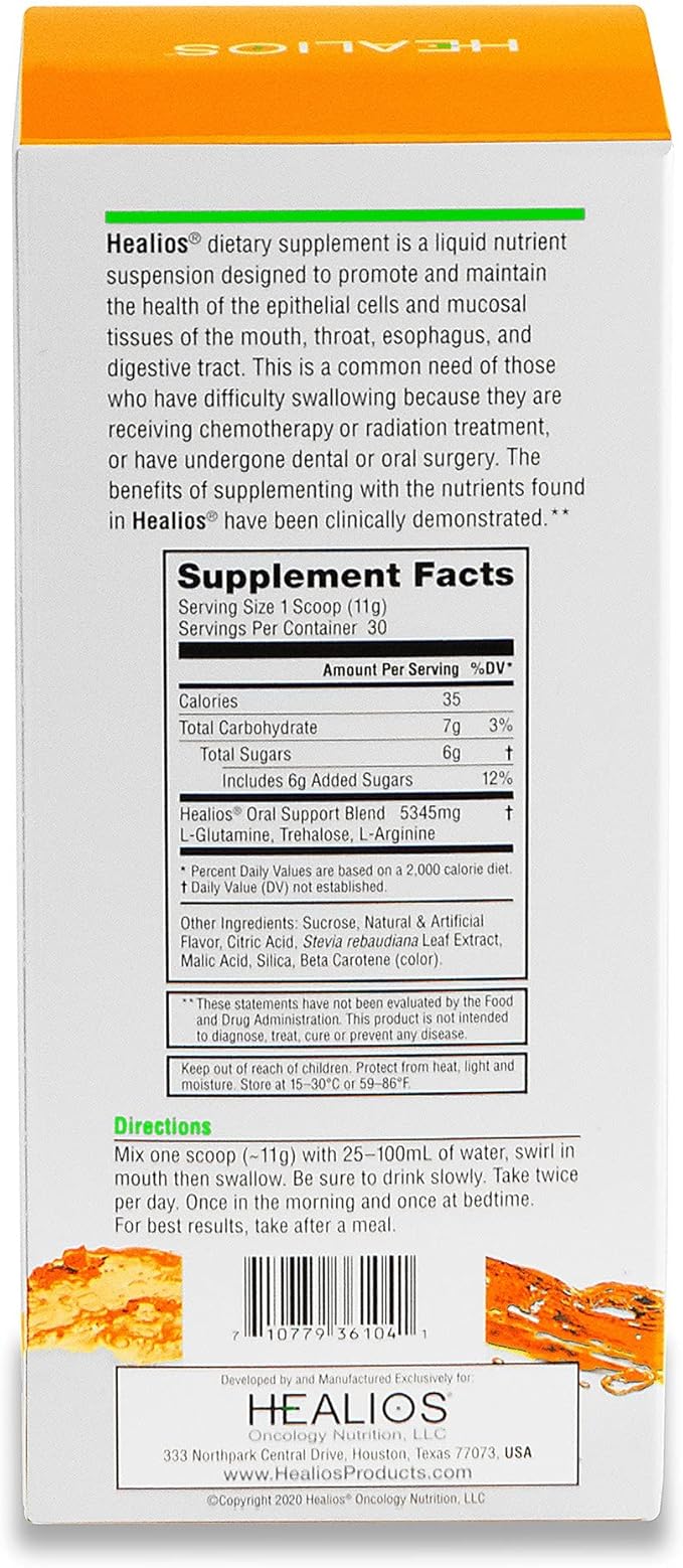 Healios Orange Flavor Oral Health and Dietary Supplement Powder Form Naturally Sourced L-Glutamine Trehalose L-Arginine 11.64 Ounces