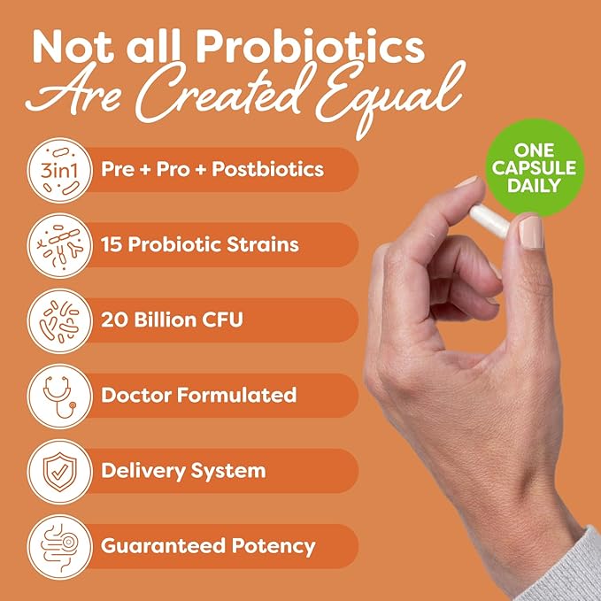 Probulin Total Care Probiotic Supplement Daily Gut Digestive and Immune Health Probiotics Capsules for Men and Women 20 Billion CFU Vegan 90 Count Bottle