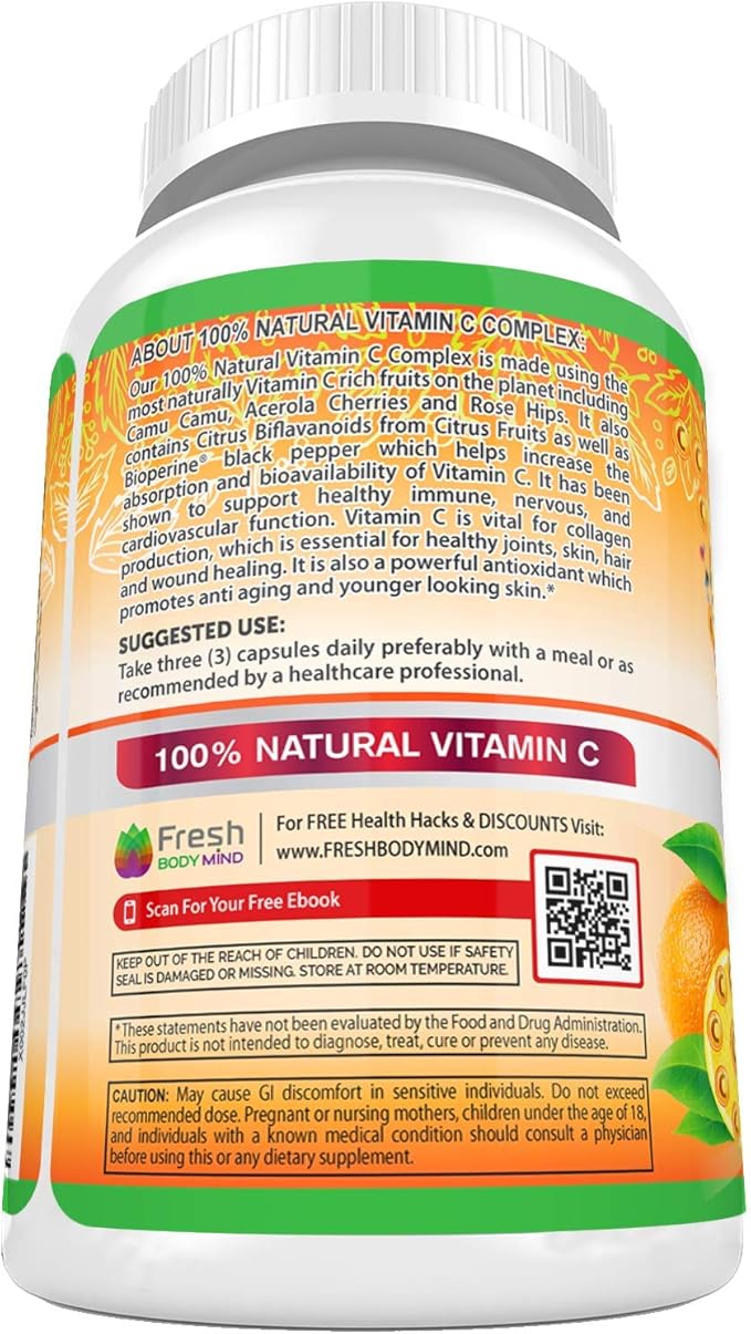 Fresh Healthcare Whole Food Vitamin C 500mg - Natural Supplement from Rose Hips Acerola Cherry &amp Camu Camu - with Citrus Bioflavonoids for Immune Support - 120 Vegan Capsules