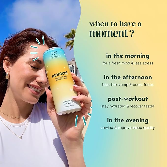 Moment Botanical Soda Soft Drink (Shark Tank) - SPARKLING Drinks | Mango Glow | L-Theanine &amp Ashwagandha for Calm &amp Clarity | 0 Added Sugar 0 Caffeine | 12-pack
