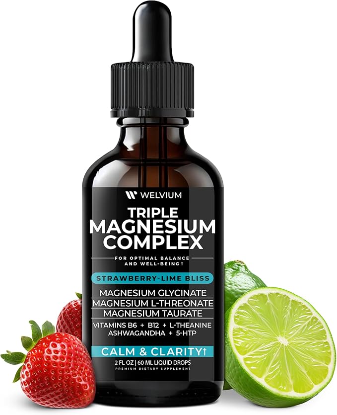 Triple Magnesium Complex Liquid Drops - High Absorption Magnesium Glycinate Supplement L-Threonate Taurate 500mg - Ashwagandha L-Theanine 5-HTP Vitamins B6 B12-2 Pack