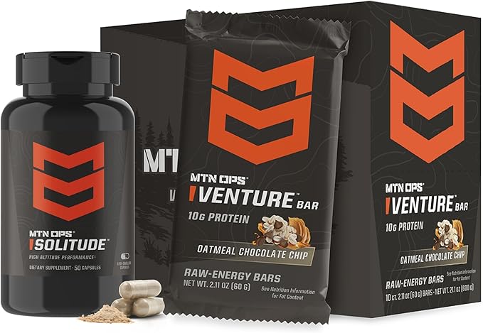 MTN OPS Solitude Altitude Support &amp Venture Bars Oatmeal Chocolate Chip Bundle – Altitude Sickness Support Supplement + Energy Bars for Hiking Trekking Backpacking &amp Mountain Adventures