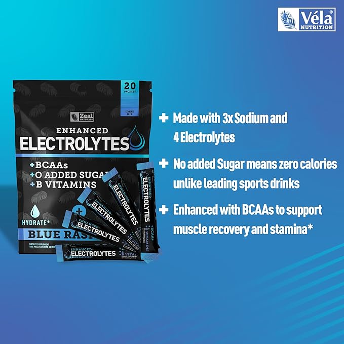 Enhanced Electrolyte Powder Stick Packs (Blue Raspberry | 20 Packets) w/ 0 Sugar +BCAAs +B-Vitamins Electrolyte Supplement w Potassium Zinc &amp Magnesium for Hydration - Keto Electrolytes