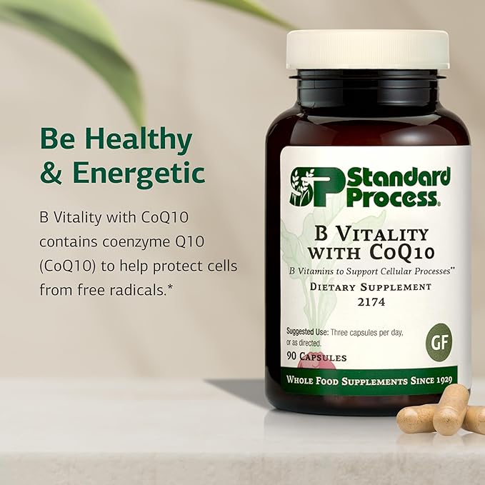 Standard Process B Vitality with Coq10 - Cellular Health Supplement with Biotin Vitamin B12 &amp Folate - Vegan Gluten-Free &amp Non-Dairy - 90 Capsules (30 Servings)