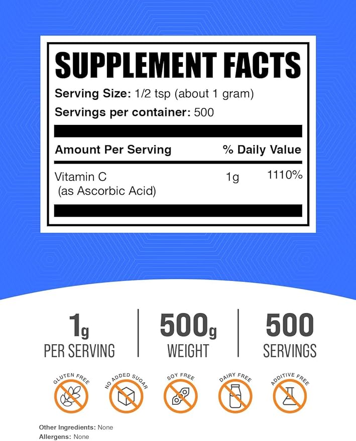 BulkSupplements.com Ascorbic Acid Powder - Vitamin C Supplement for Immune Support - Ascorbic Acid Food Grade Gluten Free 1g per Serving 500g (1.1 lbs) (Pack of 1)