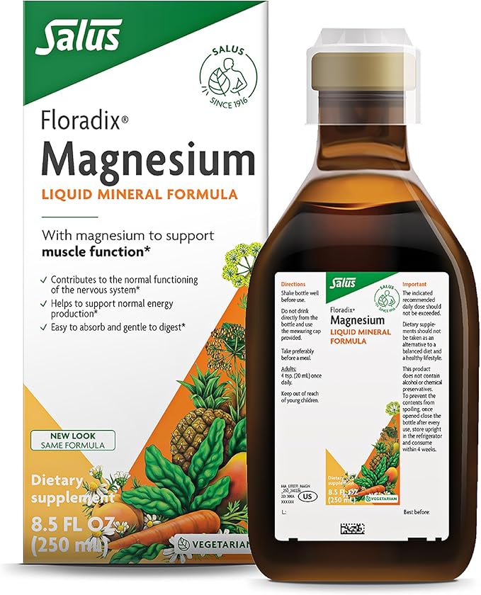 Floradix Magnesium - Liquid Herbal &amp Mineral Supplement Supports Healthy Nervous System &amp Normal Muscle Function - Gentle Liquid Formula - Vegetarian Gluten-Free &amp Non-GMO - 8.5 fl oz