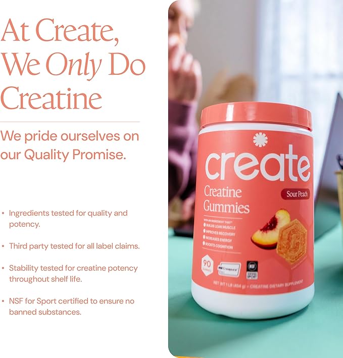 Create Creatine Monohydrate Gummies for Men &amp Women Boost Focus Strength and Endurance Anti-Melting Formula Vegan Gluten-Free Non-GMO 1.5g of Creatine per Gummy (Sour Peach)