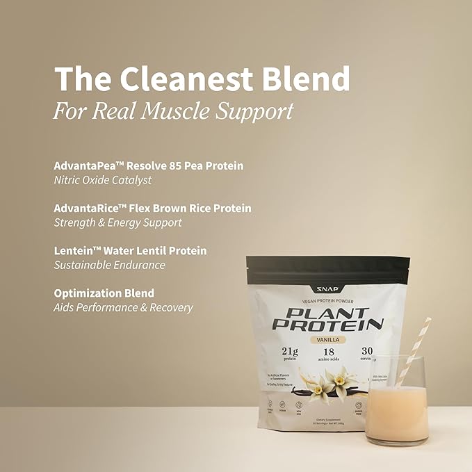 Snap Supplements Organic Plant Based Vegan Protein Powder Nitric Oxide Boosting Protein Powder Vanilla Bean BCAA Amino Acid for Muscle Growth Performance &amp Recovery - 30 Servings (Vanilla)