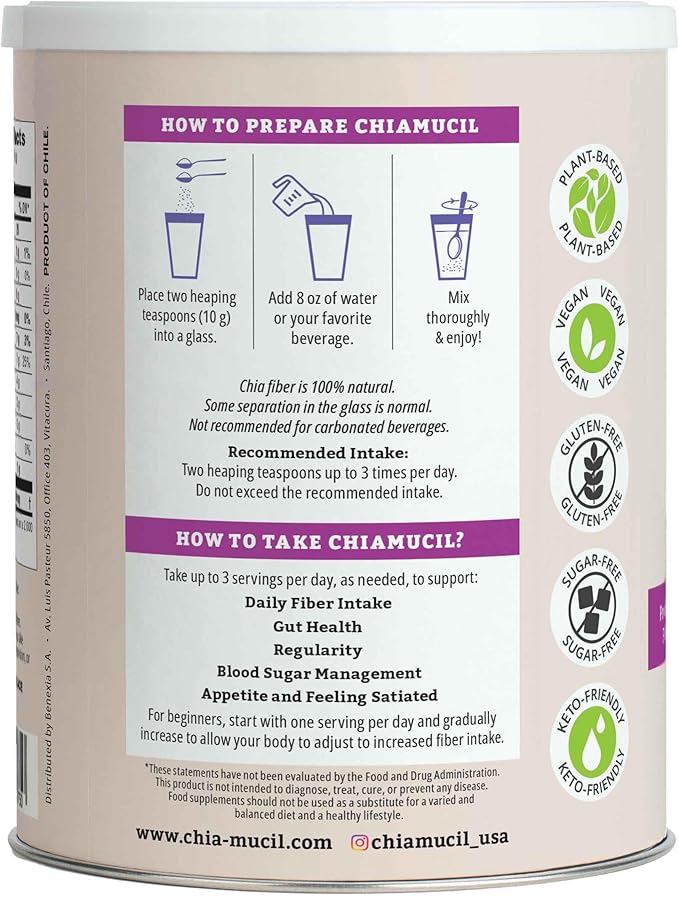 Chiamucil Prebiotic Chia Fiber Supplement Powder – For Appetite Control &amp Digestive Health – Chia Fiber &amp Chicory Root (Inulin) – Gluten &amp Sugar Free Vegan Non-GMO Unflavored - 100 serv
