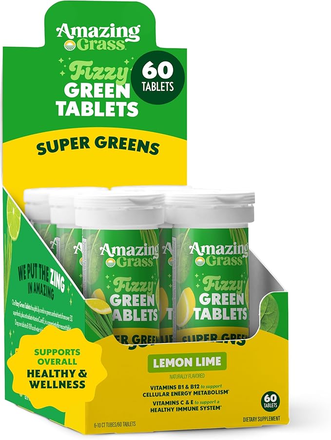 Amazing Grass Effervescent Tablets: Green Superfood Water Flavoring Tablet with Antioxidants &amp Alkalizing Greens Lemon Lime 60 Count