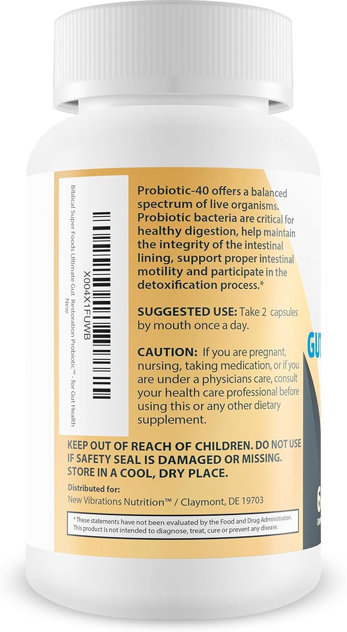 Biblical Super Foods Ultimate Gut Restoration Probiotic - Our Best Gut Restore Probiotic Formula - Ultimate Micro Biome Probiotics - Probiotics and Prebiotics - Synbiotic Vitamin D Immunity Capsules